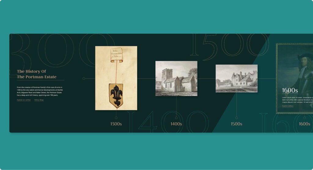 Portman Estate website timeline design showing estate history, built with CRM-driven website development
