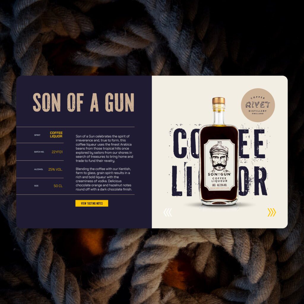 Copper Rivet Son of a Gun coffee liqueur branding with bottle, label design, and product details displayed.