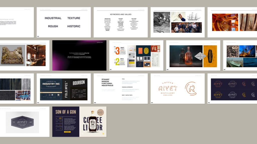 Copper Rivet website assets showing brand identity, typography, photography, and design system layouts