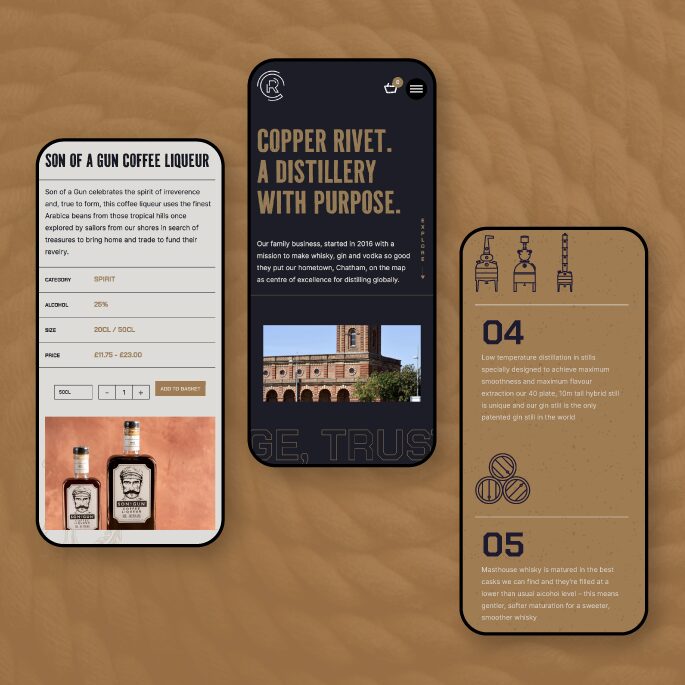 Copper Rivet mobile website assets showing product pages and distillery content on smartphone screens
