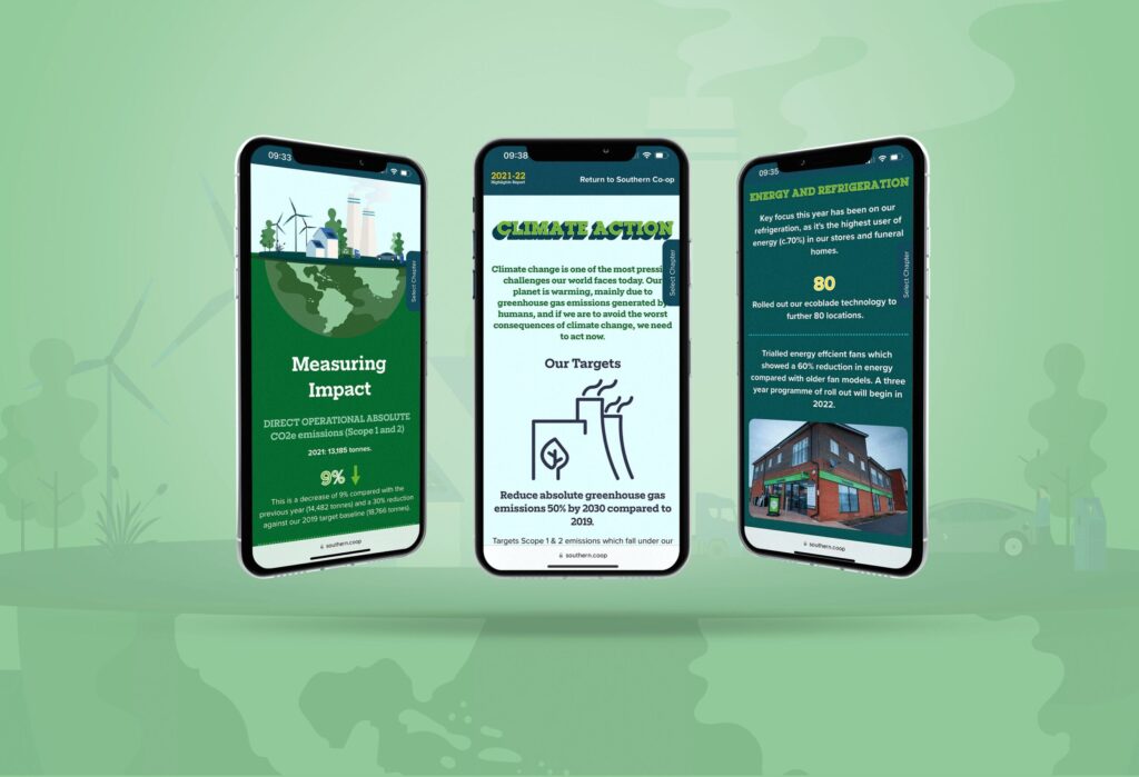 Southern Co-op mobile website design displaying CRM customer relationship management and climate impact reporting