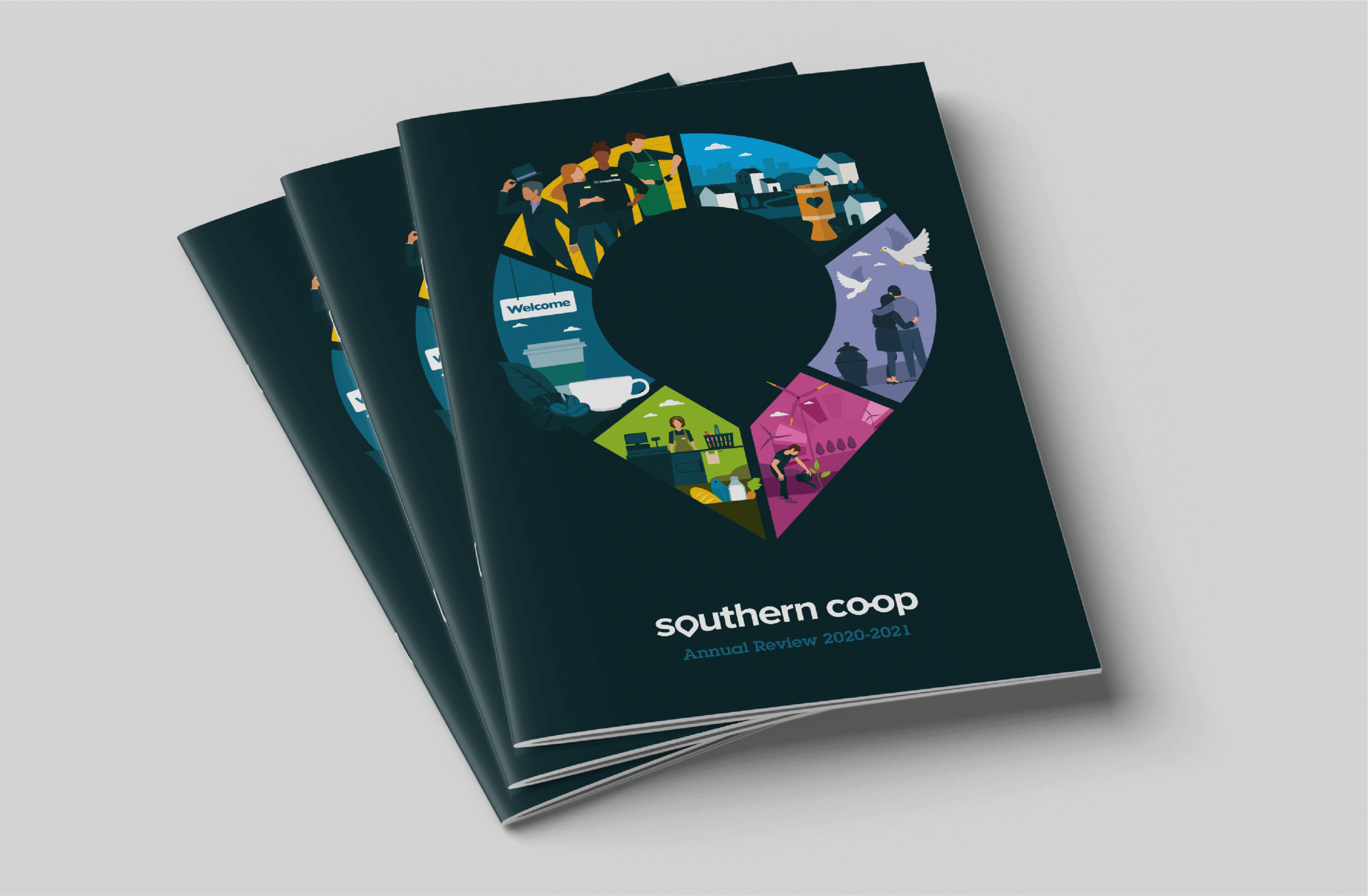 Southern Co-op annual review booklet Southern Co-op annual review booklet with illustrated logo, supporting CRM client relationship management and digital marketing design