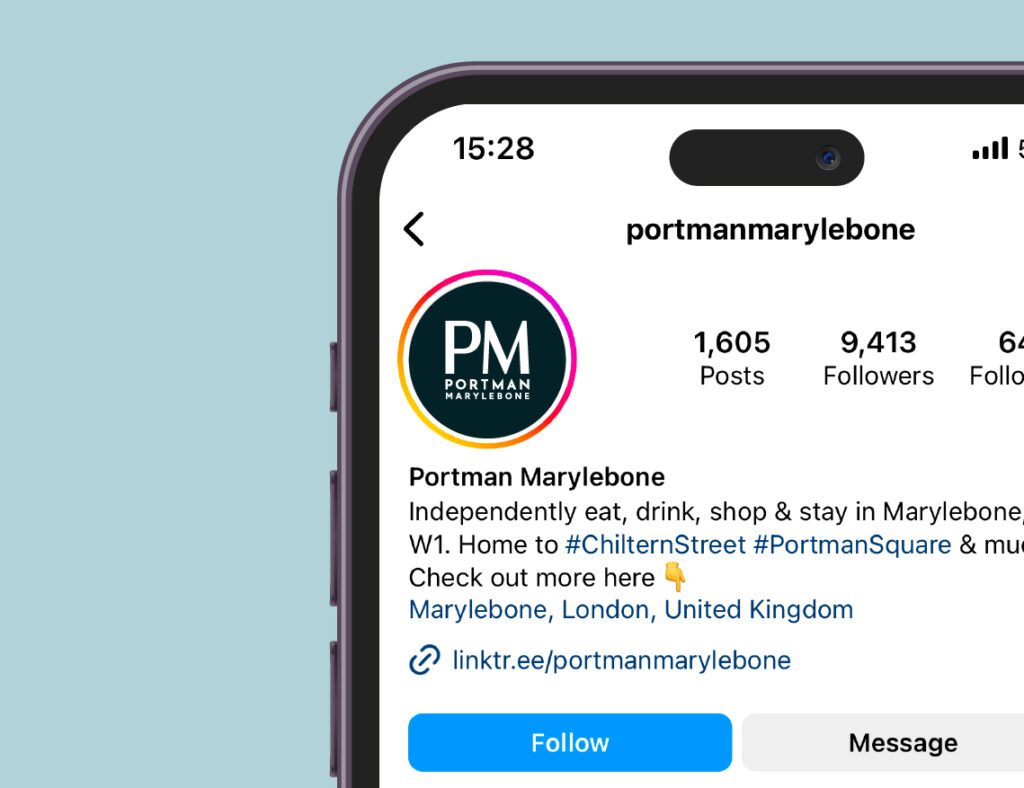 Portman Marylebone social media profile showcasing London property marketing, retail branding and social media design