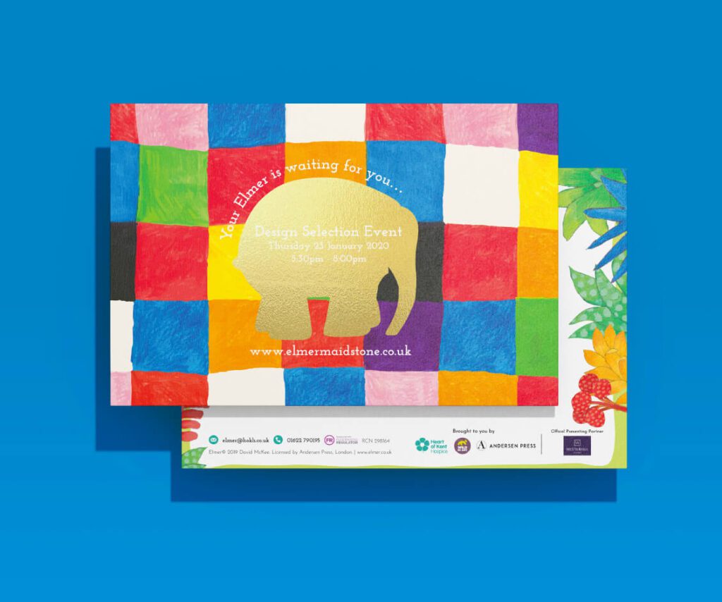 Elmer the Elephant branded event cards with colourful patchwork design, promoting a charity design selection event in partnership with Heart of Kent Hospice.