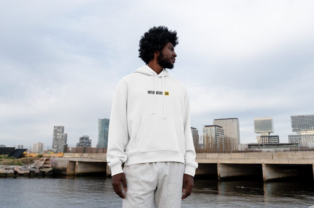 Influencers LDN hoodie branding photographed for CRM-driven brand strategy and digital marketing