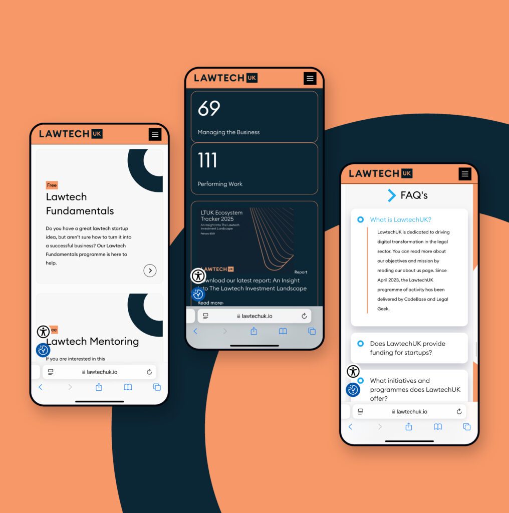 LawTech UK website assets and brand strategy components featuring digital interface elements, iconography, and typography for legal tech website development.
