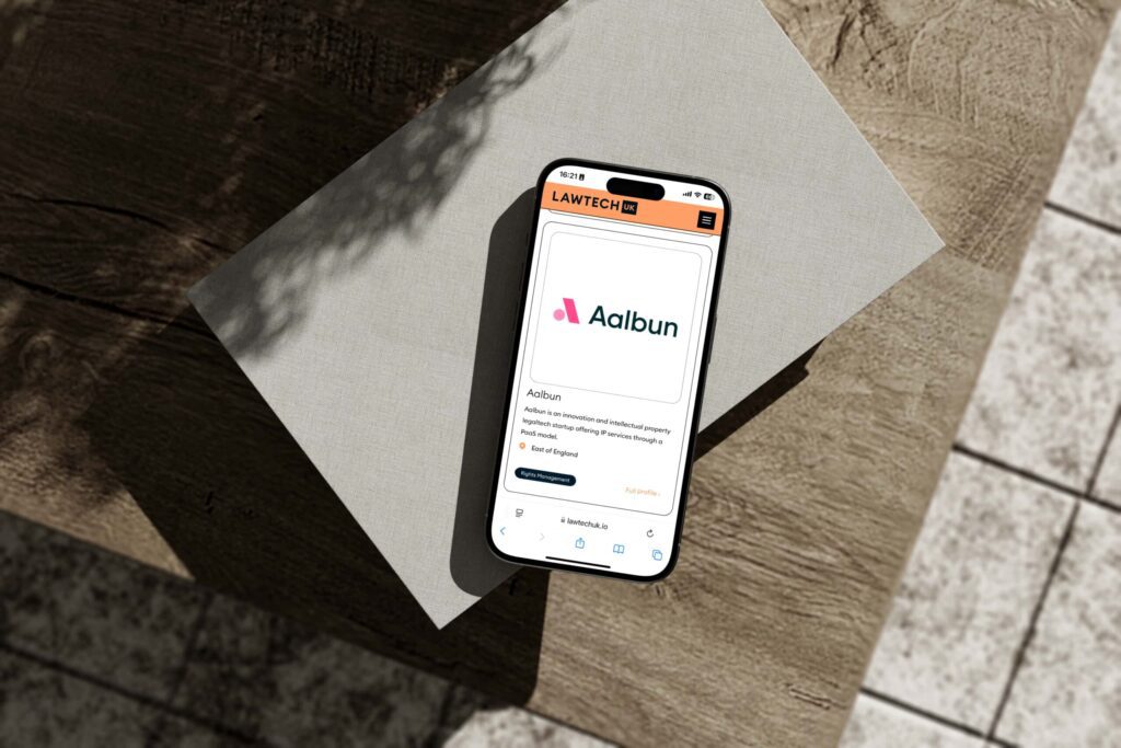 LawTech UK mobile directory profile for Aalbun on a smartphone screen, showcasing legal tech startup services for innovation and intellectual property.