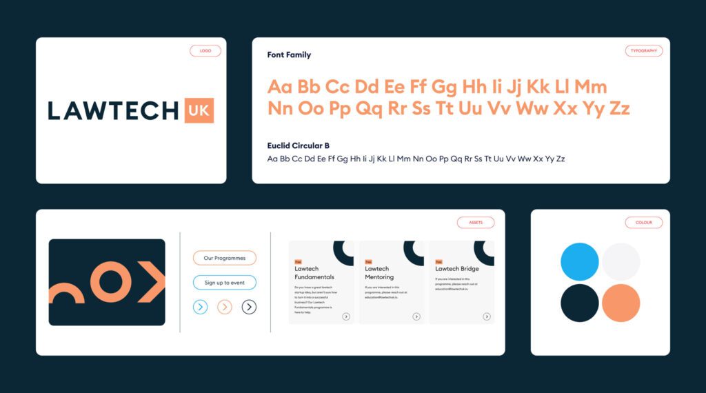 LawTech UK brand strategy and website design guidelines showcasing typography, logo assets, and digital marketing color palette.