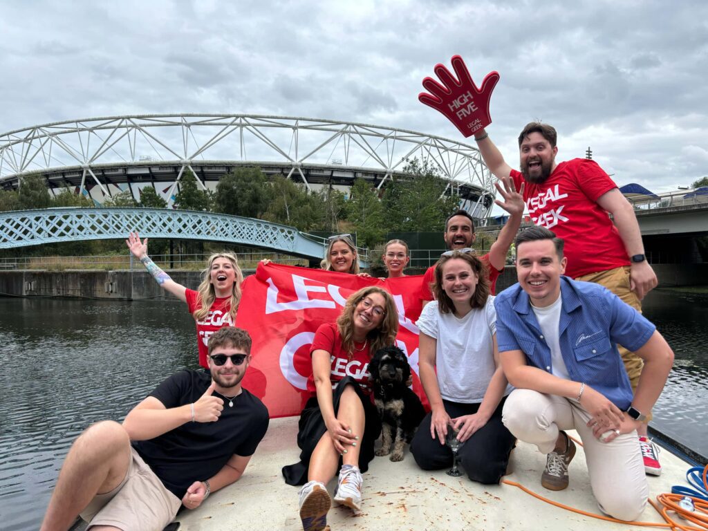 Digital agency team on a canal barge trip for Legal Geek, showcasing organic social media and company culture for a legal brand strategy project.