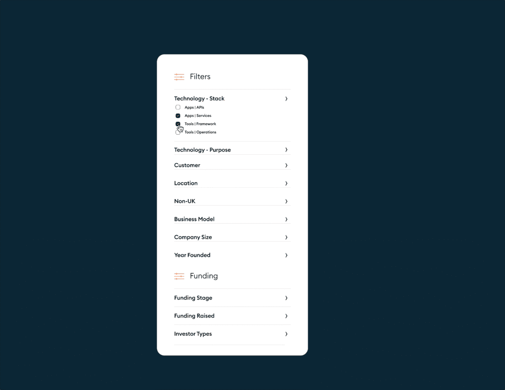 LawTech UK website filter interface design for legal technology database featuring category searches for CRM systems, technology stack, and funding stage.