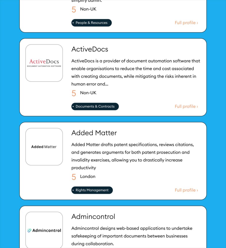 LawTech UK website dashboard showcasing a curated list of legal tech companies, their digital marketing strategies, and customer relationship management software categories.