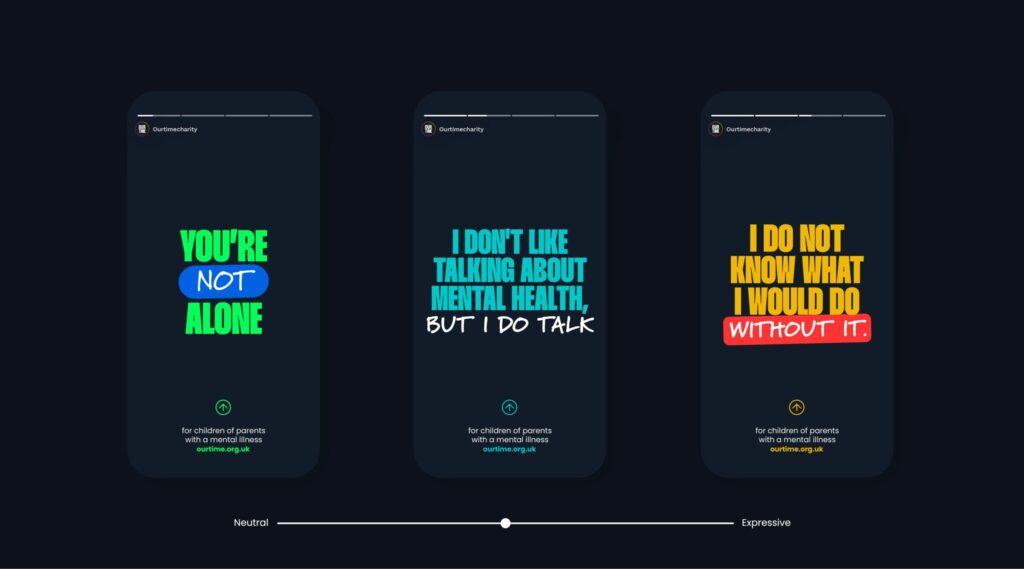 Our Time Charity social media story designs created for CRM-based organic social and digital marketing