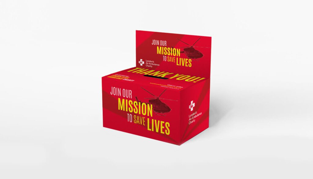 London Air Ambulance donation box design created for CRM-driven donor engagement and brand campaigns