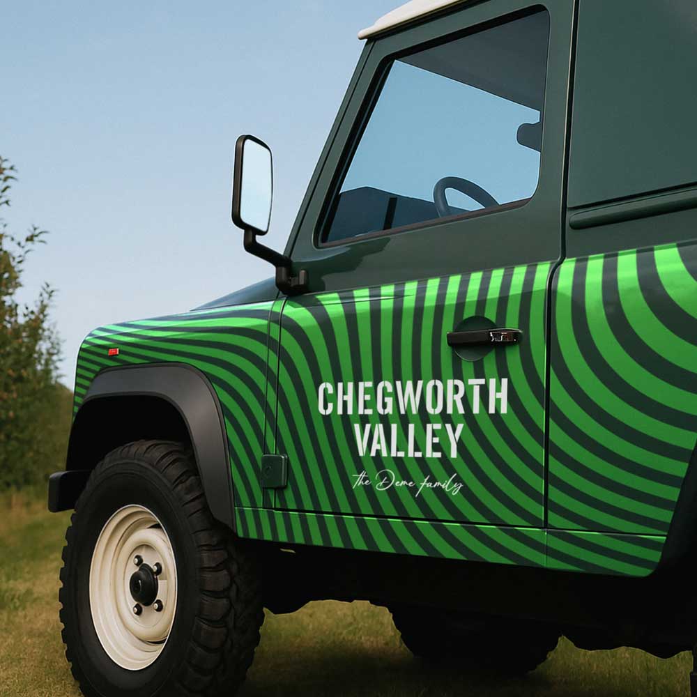 Chegworth Valley branded farm vehicle with green livery, representing Kent apple juice producer and farm-pressed juice brand.