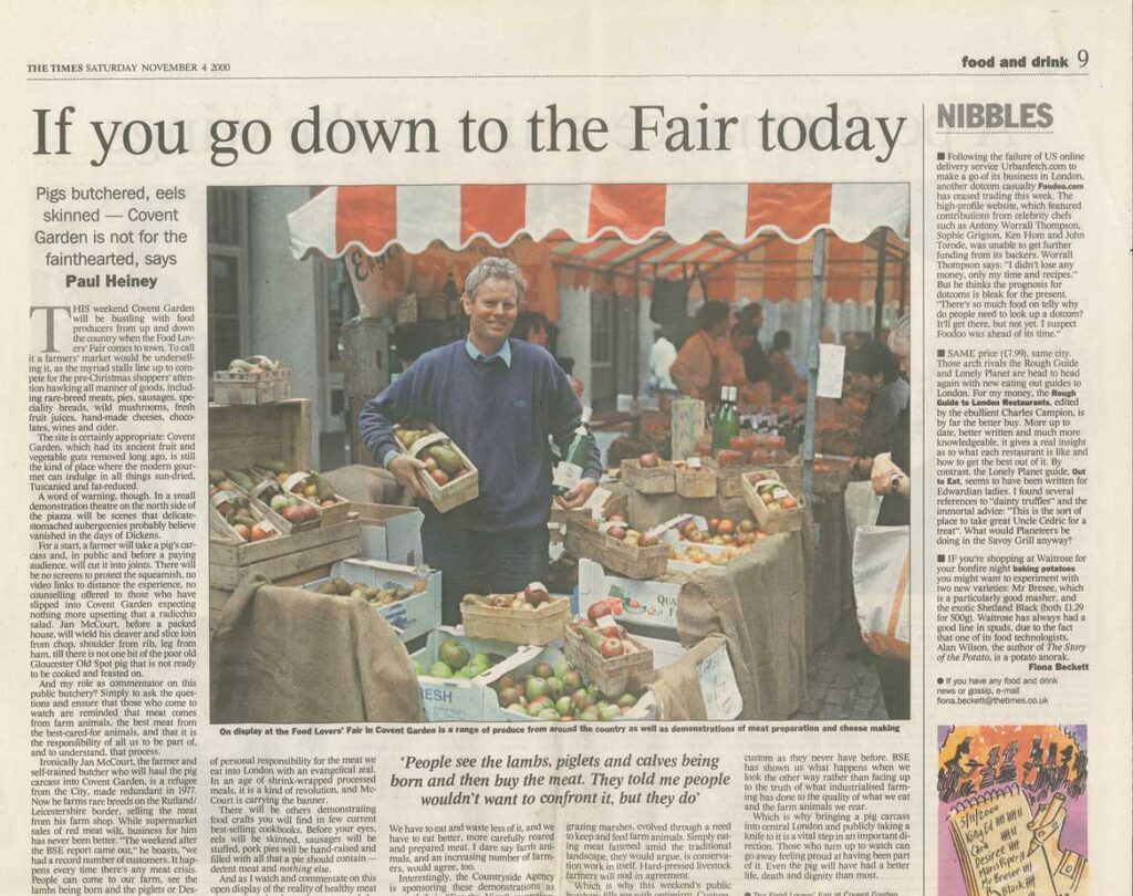 The Times newspaper article featuring British apples at Covent Garden Food Lovers’ Fair, showcasing UK apple producers, fresh produce, and food market culture.